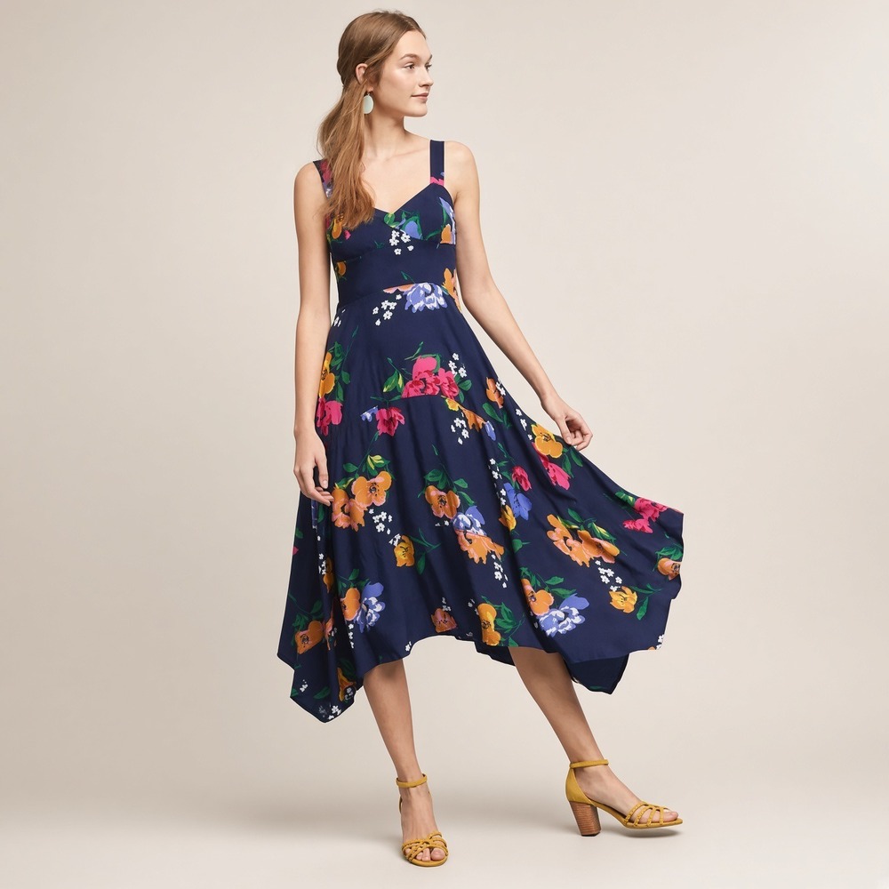 Maeve Anthropologie Vivienne Maxi Dress Navy Blue Floral Asymmetrical Hem Size 2